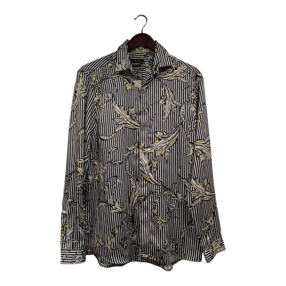Zara Womens Black White Striped Floral Long Sleeve Button Down Blouse Retro Sz S - Picture 1 of 15